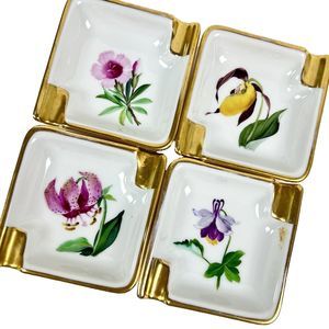 Vintage Porcelain Personal Stacking Ashtrays Rosenthal Floral Gold Details Set/4